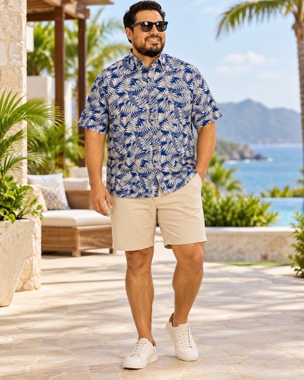 Harbor Bay HB Easy-Care Fern Patterned Sport Shirt Top, Blue, 3XL XXXL